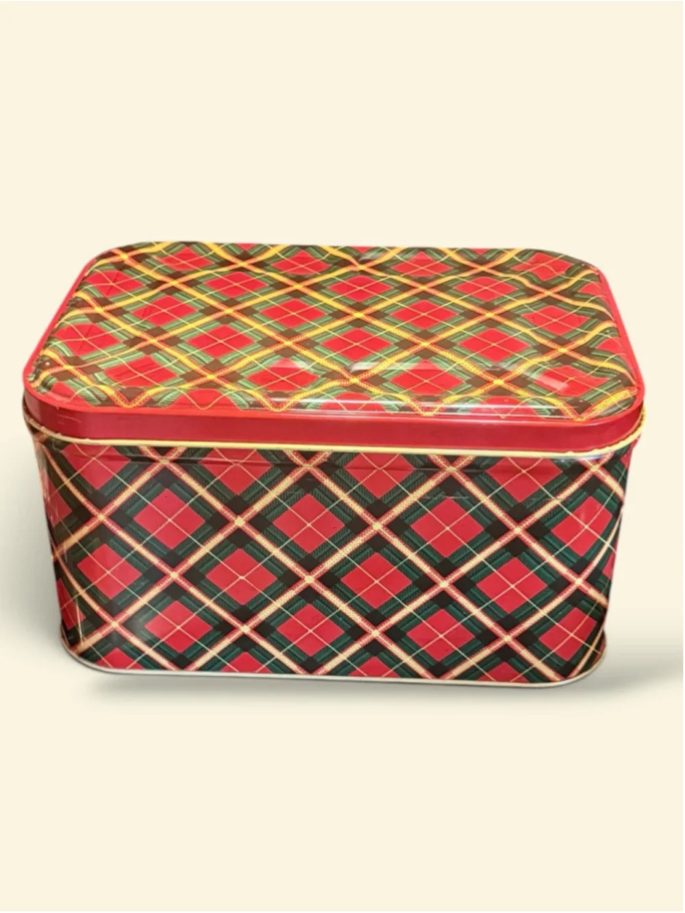 Vintage 1950s Tartan Plaid Metal Bread Box Red Green Yellow Mid Century Kitchen